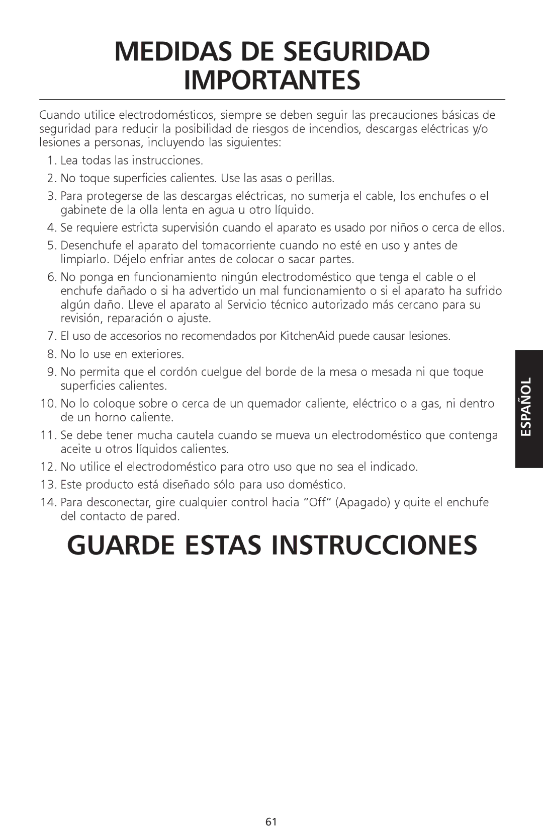 KitchenAid KSC700 manual Medidas DE Seguridad Importantes 