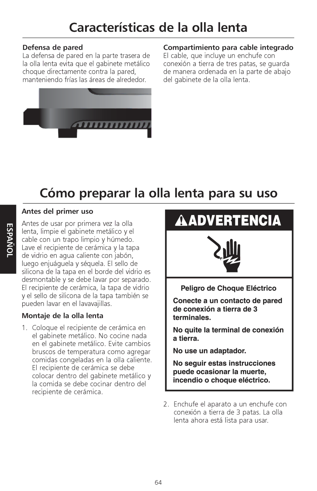 KitchenAid KSC700 manual Cómo preparar la olla lenta para su uso, Defensa de pared Compartimiento para cable integrado 