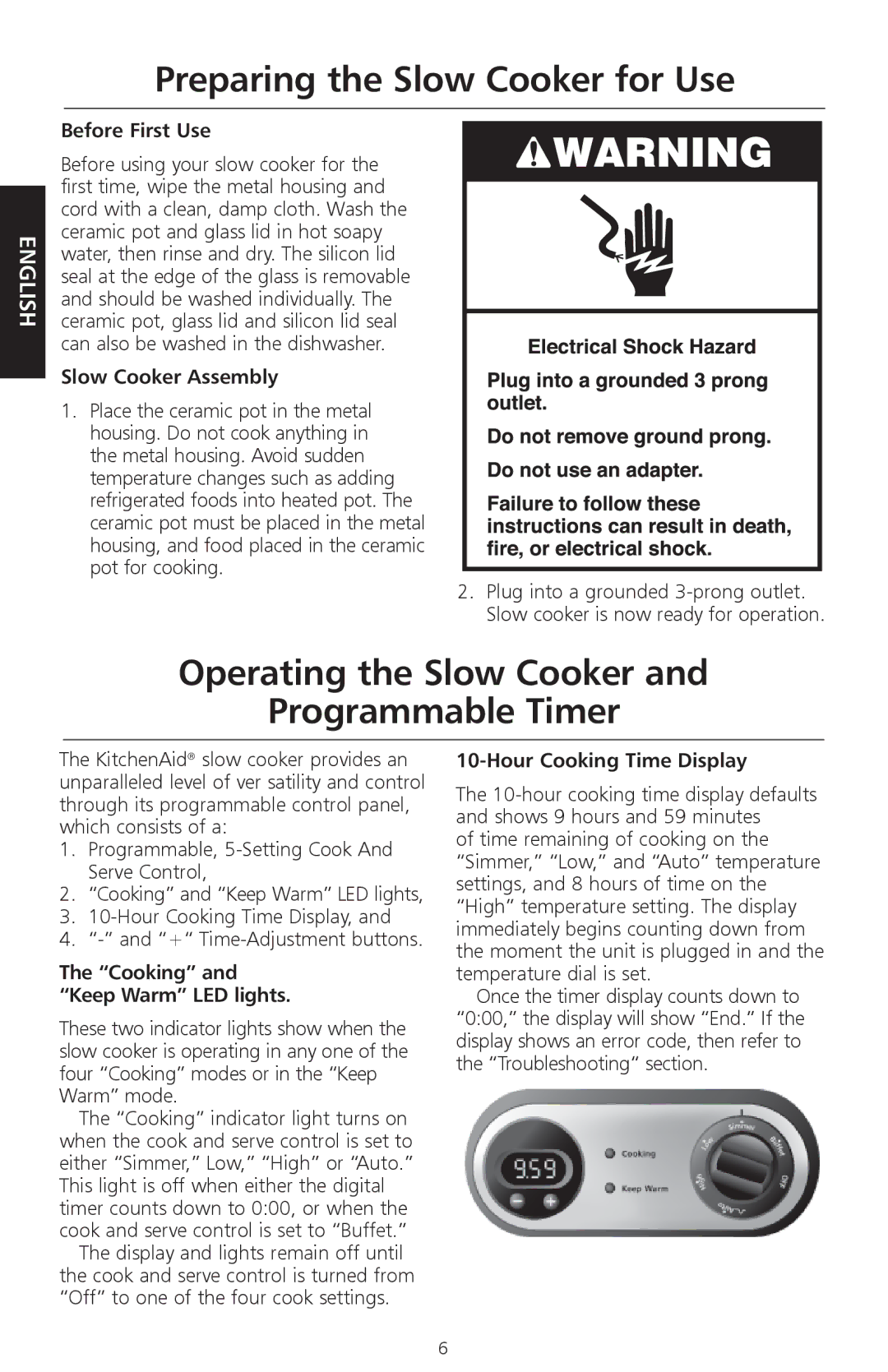 KitchenAid KSC700 manual Preparing the Slow Cooker for Use, Operating the Slow Cooker Programmable Timer 