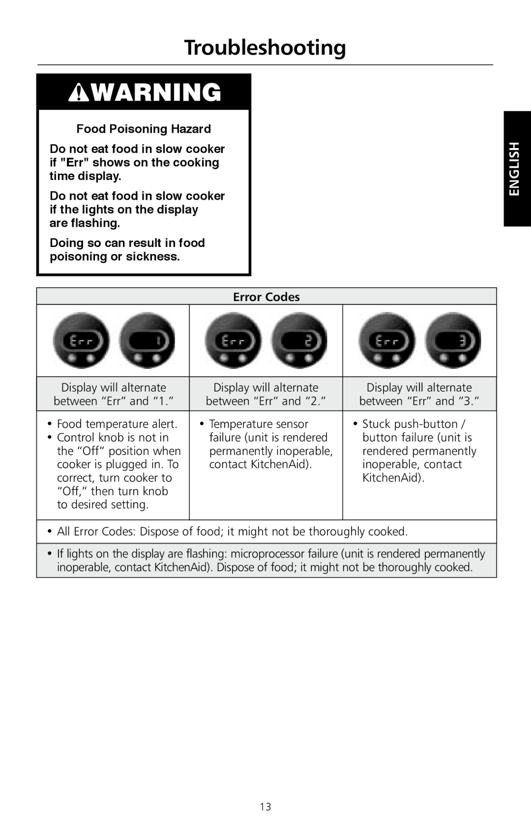 KitchenAid KSC700 manual Error Codes 