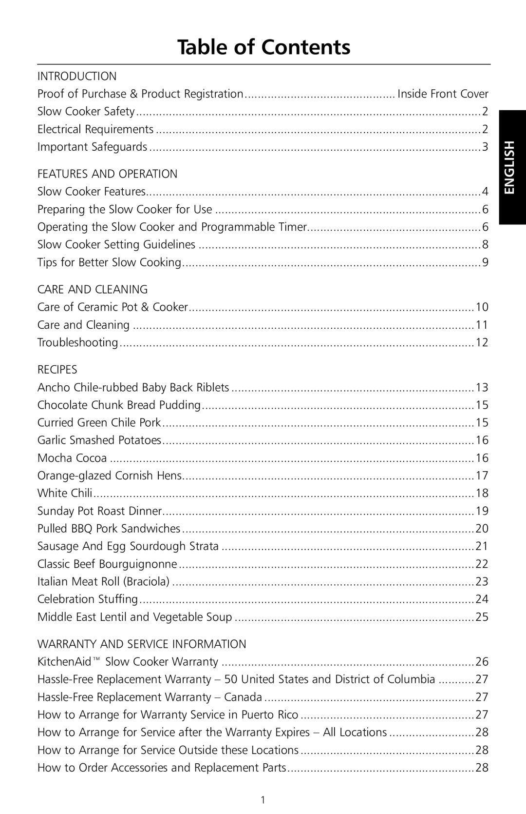 KitchenAid KSC700 manual Table of Contents 