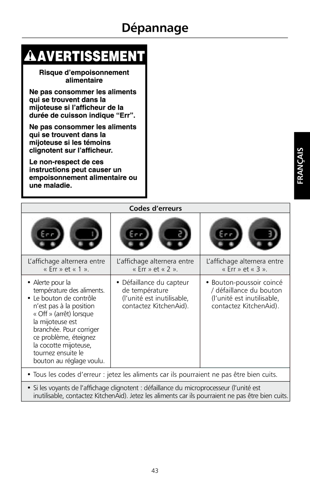 KitchenAid KSC700 manual Codes d’erreurs, ’affichage alternera entre, « Err » et « 1 », ’est pas à la position 