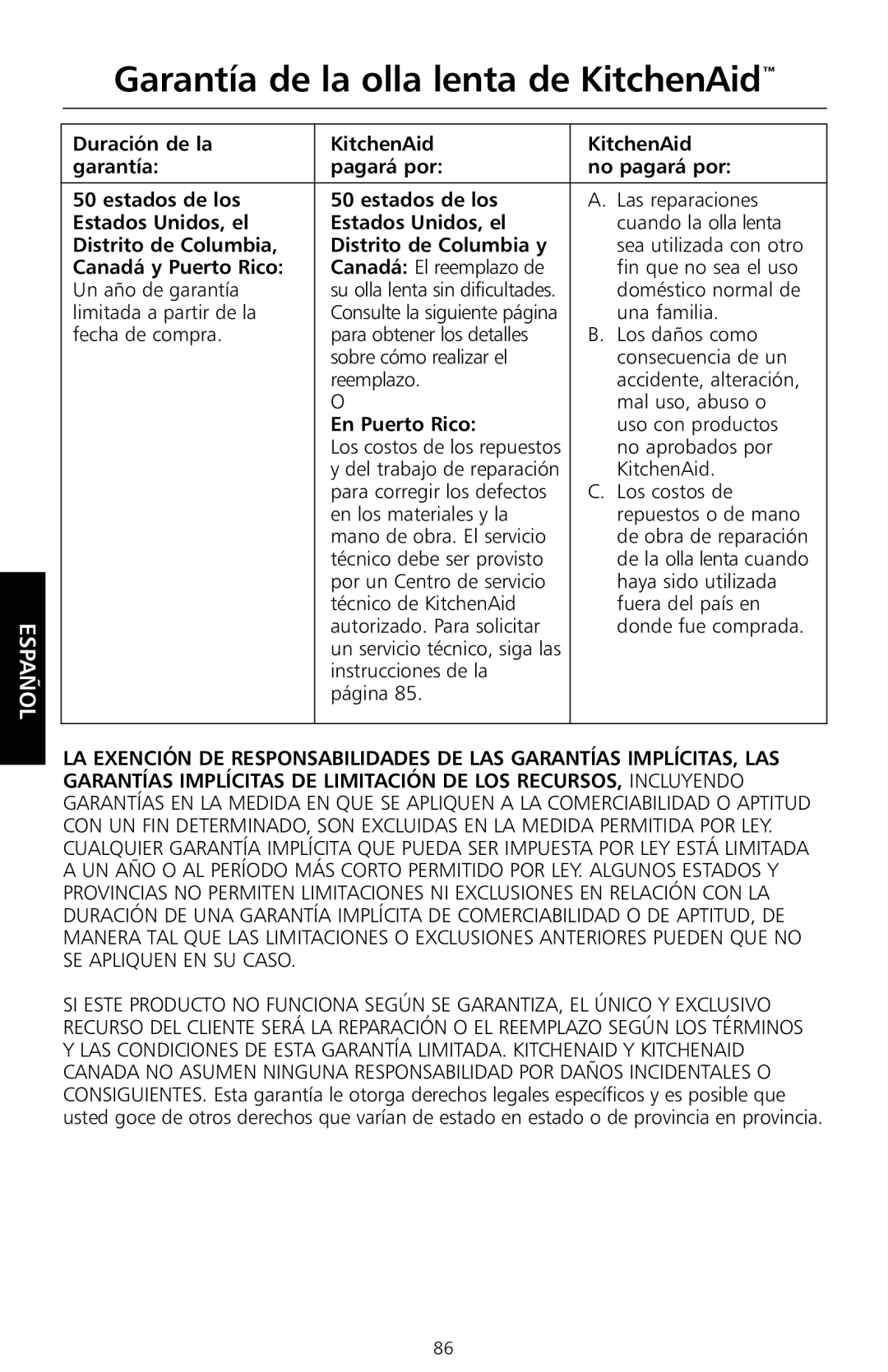 KitchenAid KSC700 Garantía de la olla lenta de KitchenAid, Estados Unidos, el, Distrito de Columbia Distrito de Columbia y 