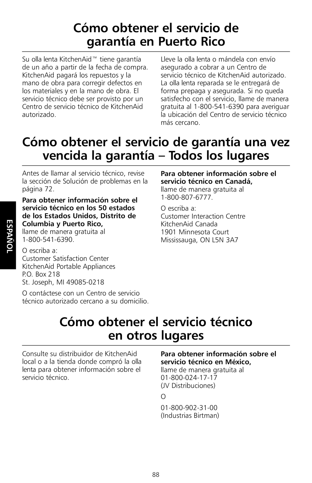 KitchenAid KSC700 Cómo obtener el servicio de Garantía en Puerto Rico, Cómo obtener el servicio técnico En otros lugares 