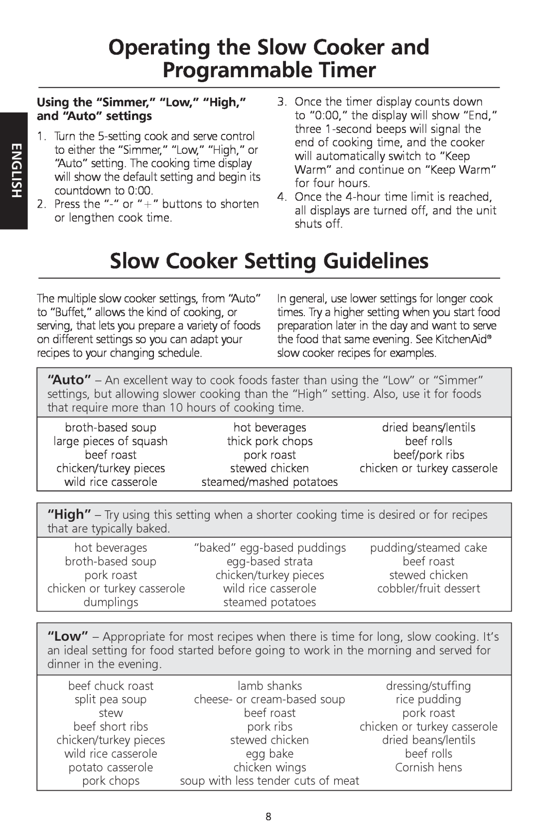 KitchenAid KSC700 manual Slow Cooker Setting Guidelines, Operating the Slow Cooker and Programmable Timer, English 