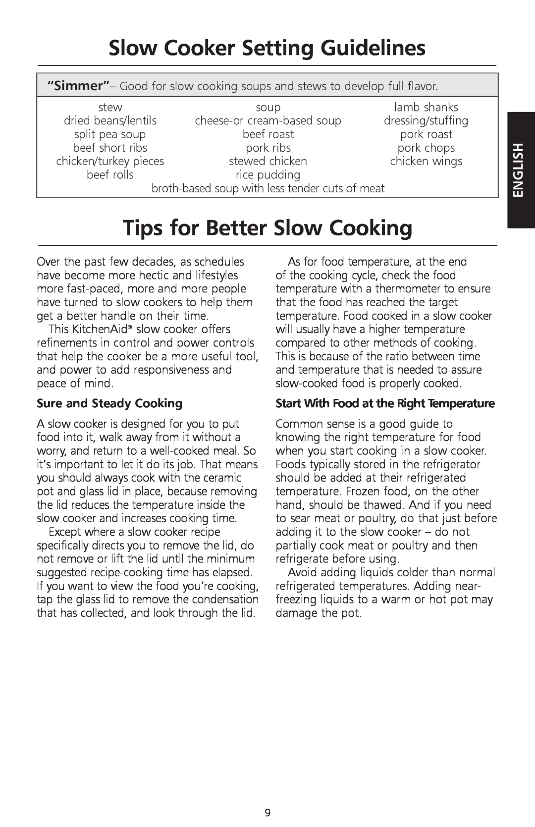 KitchenAid KSC700 manual Tips for Better Slow Cooking, Slow Cooker Setting Guidelines, English, Sure and Steady Cooking 