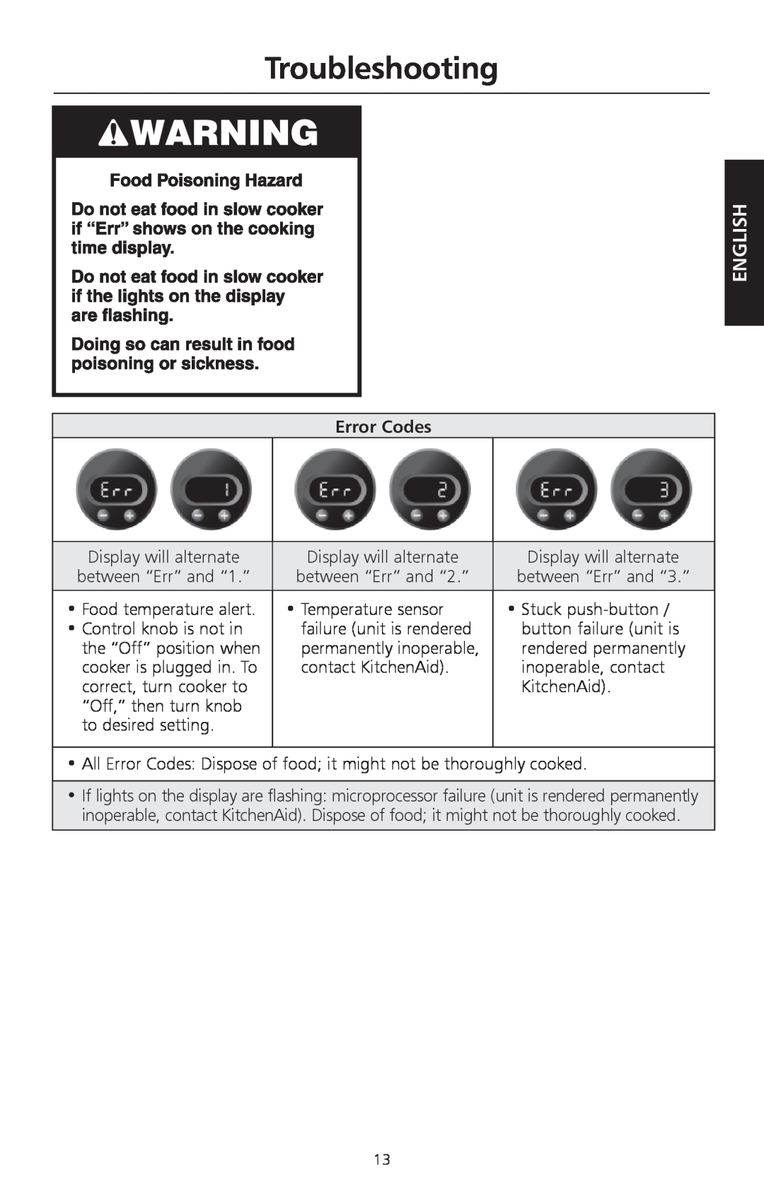 KitchenAid KSC700 manual Troubleshooting, English, Error Codes 