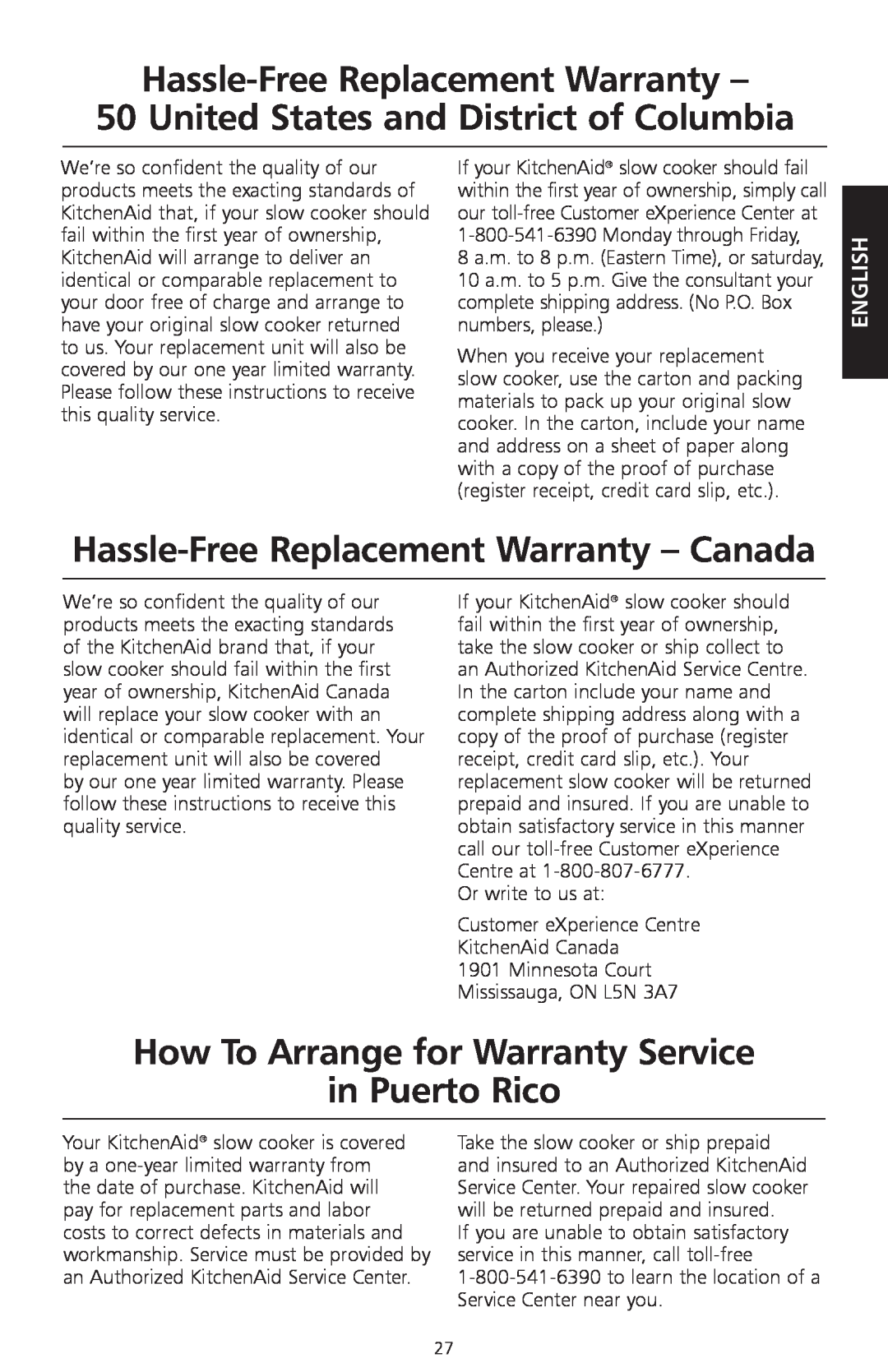 KitchenAid KSC700 manual Hassle-FreeReplacement Warranty, United States and District of Columbia, in Puerto Rico, English 