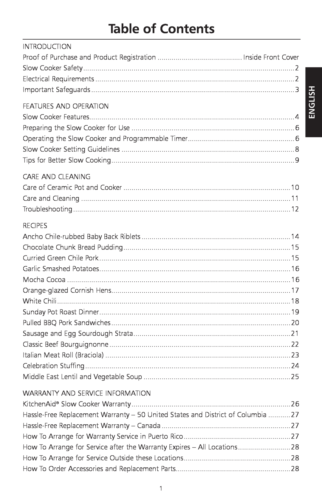 KitchenAid KSC700 manual Table of Contents, English 