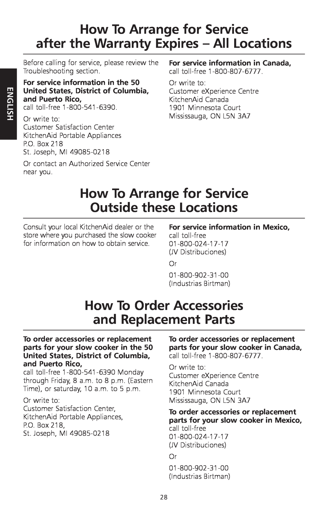 KitchenAid KSC700 How To Arrange for Service, after the Warranty Expires – All Locations, Outside these Locations, English 