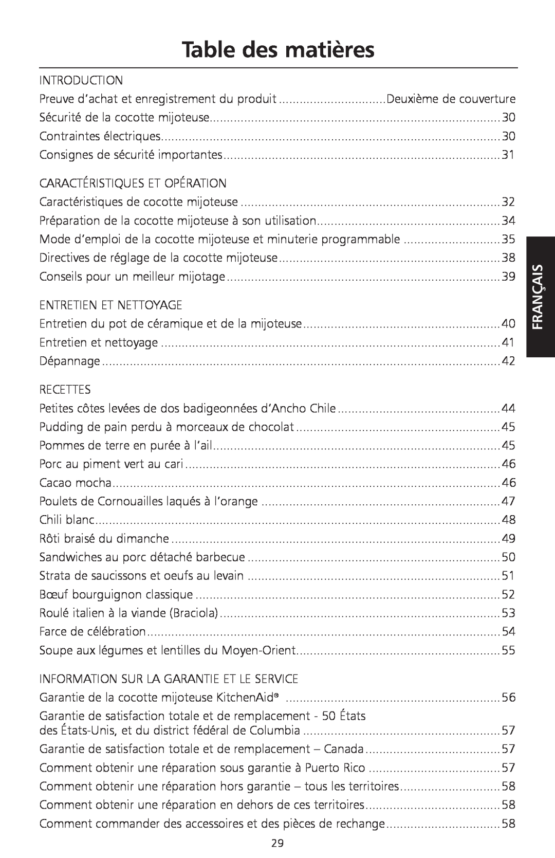 KitchenAid KSC700 manual Table des matières, Français 