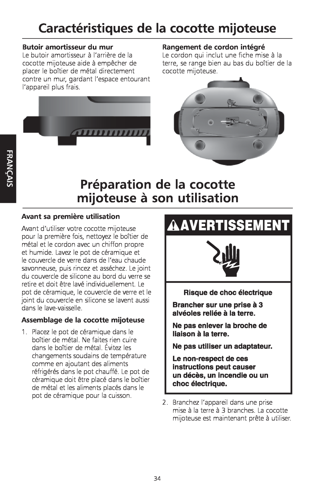 KitchenAid KSC700 manual Caractéristiques de la cocotte mijoteuse, Français, Butoir amortisseur du mur 