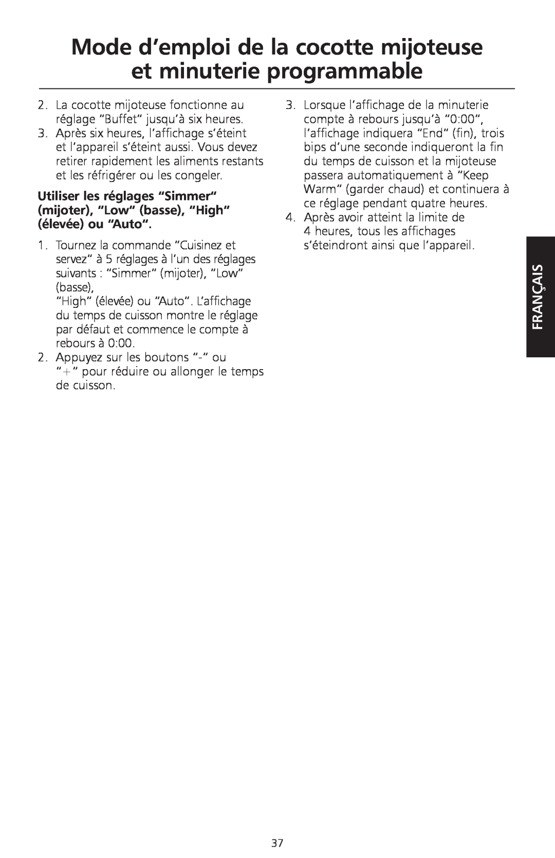 KitchenAid KSC700 manual Mode d’emploi de la cocotte mijoteuse, et minuterie programmable, Français 