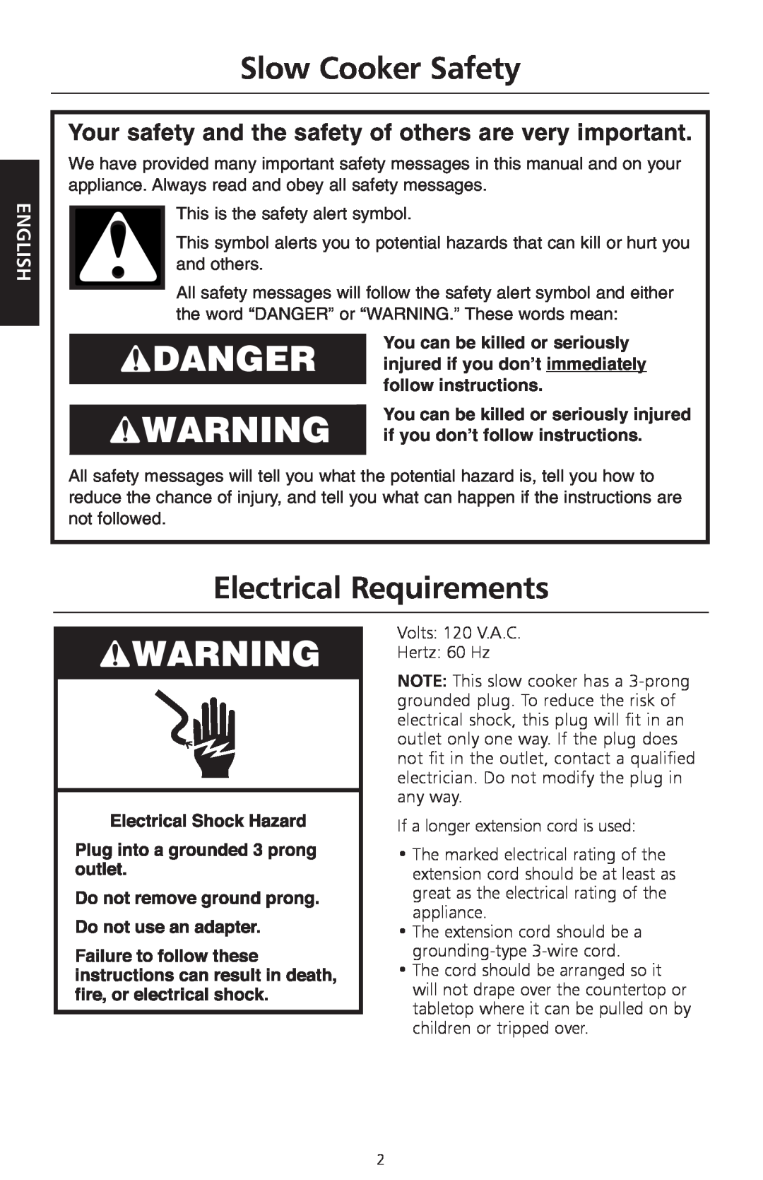 KitchenAid KSC700 manual Slow Cooker Safety, Electrical Requirements, English 