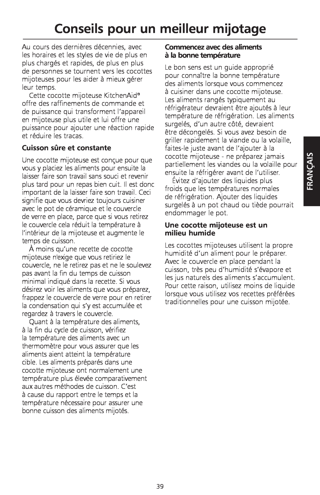 KitchenAid KSC700 manual Conseils pour un meilleur mijotage, Français, Cuisson sûre et constante 