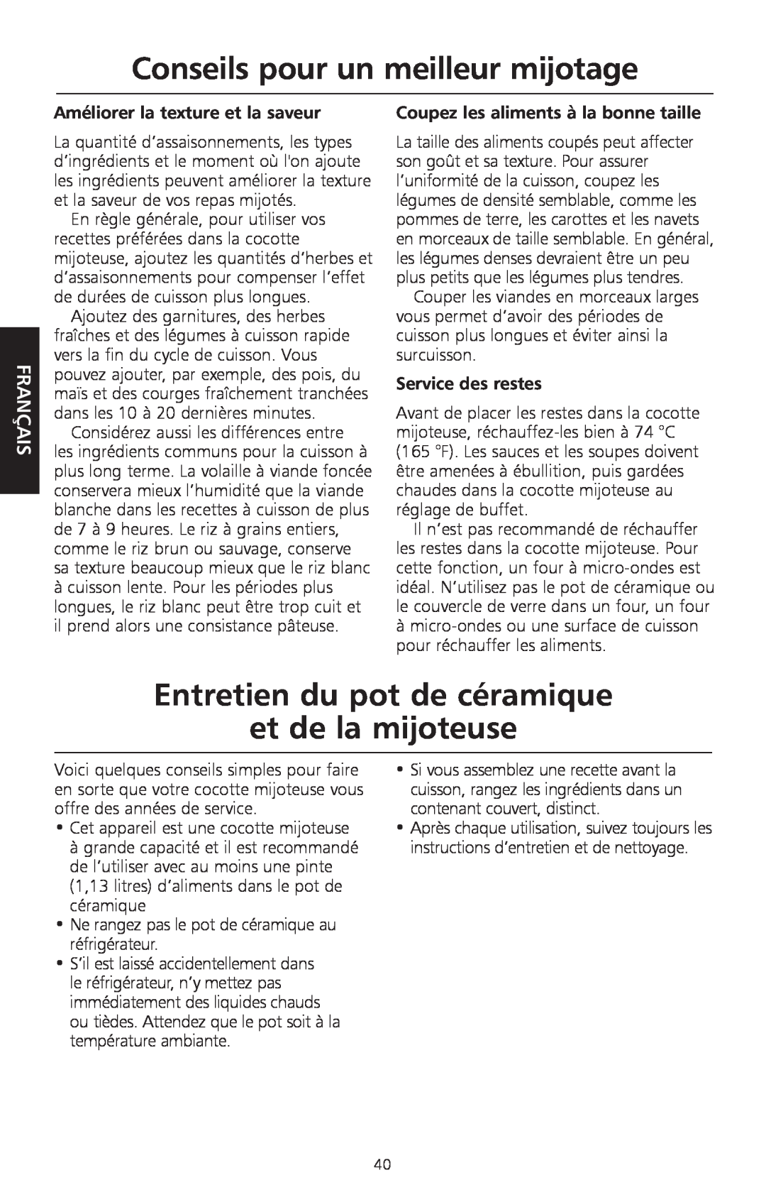 KitchenAid KSC700 manual Entretien du pot de céramique et de la mijoteuse, Conseils pour un meilleur mijotage, Français 