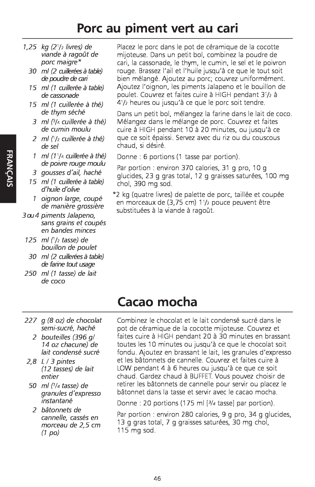 KitchenAid KSC700 manual Porc au piment vert au cari, Cacao mocha, 15ml 1 cuillerée à thé de thym séché, Français 