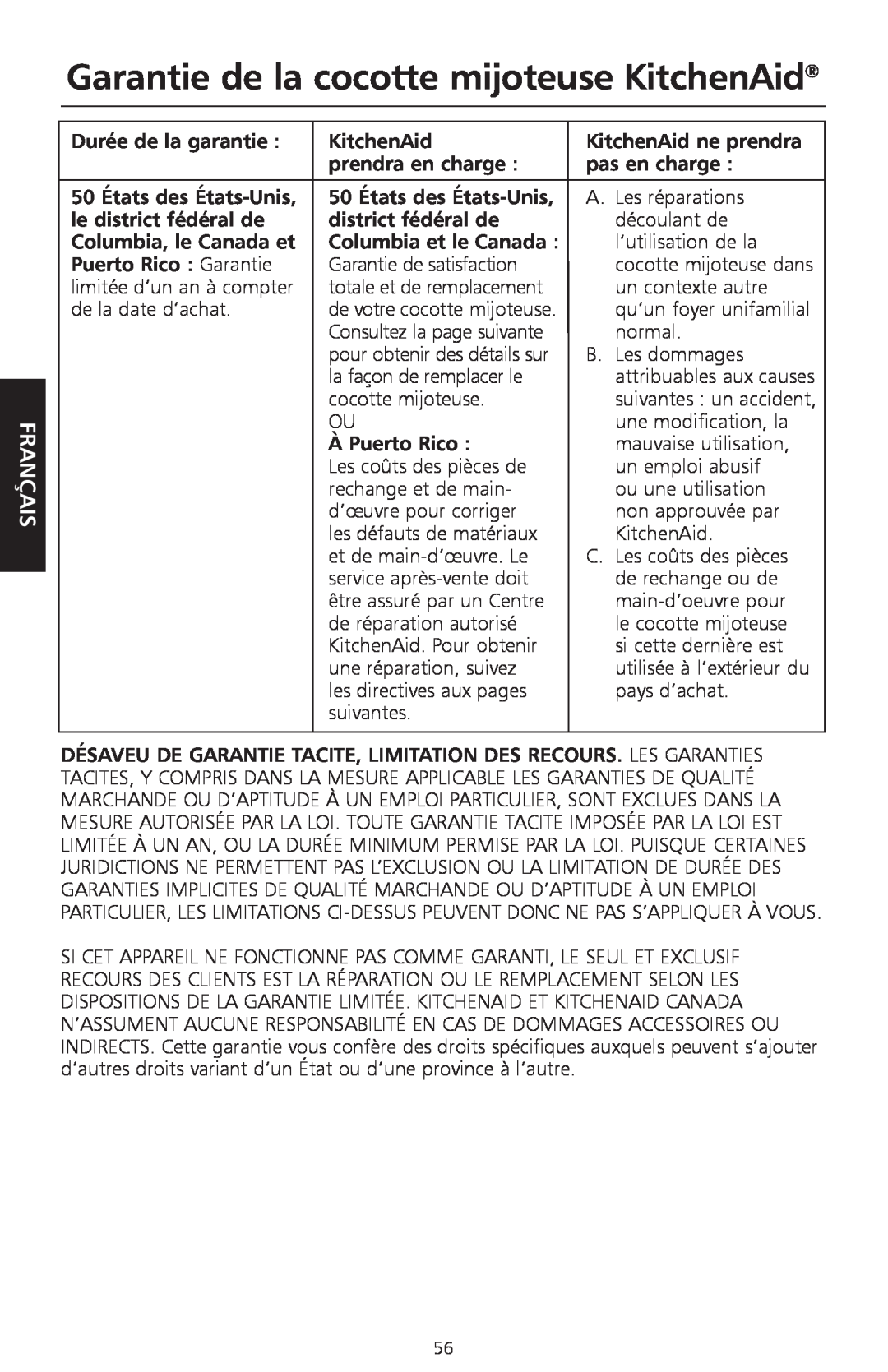 KitchenAid KSC700 manual Garantie de la cocotte mijoteuse KitchenAid, Français 