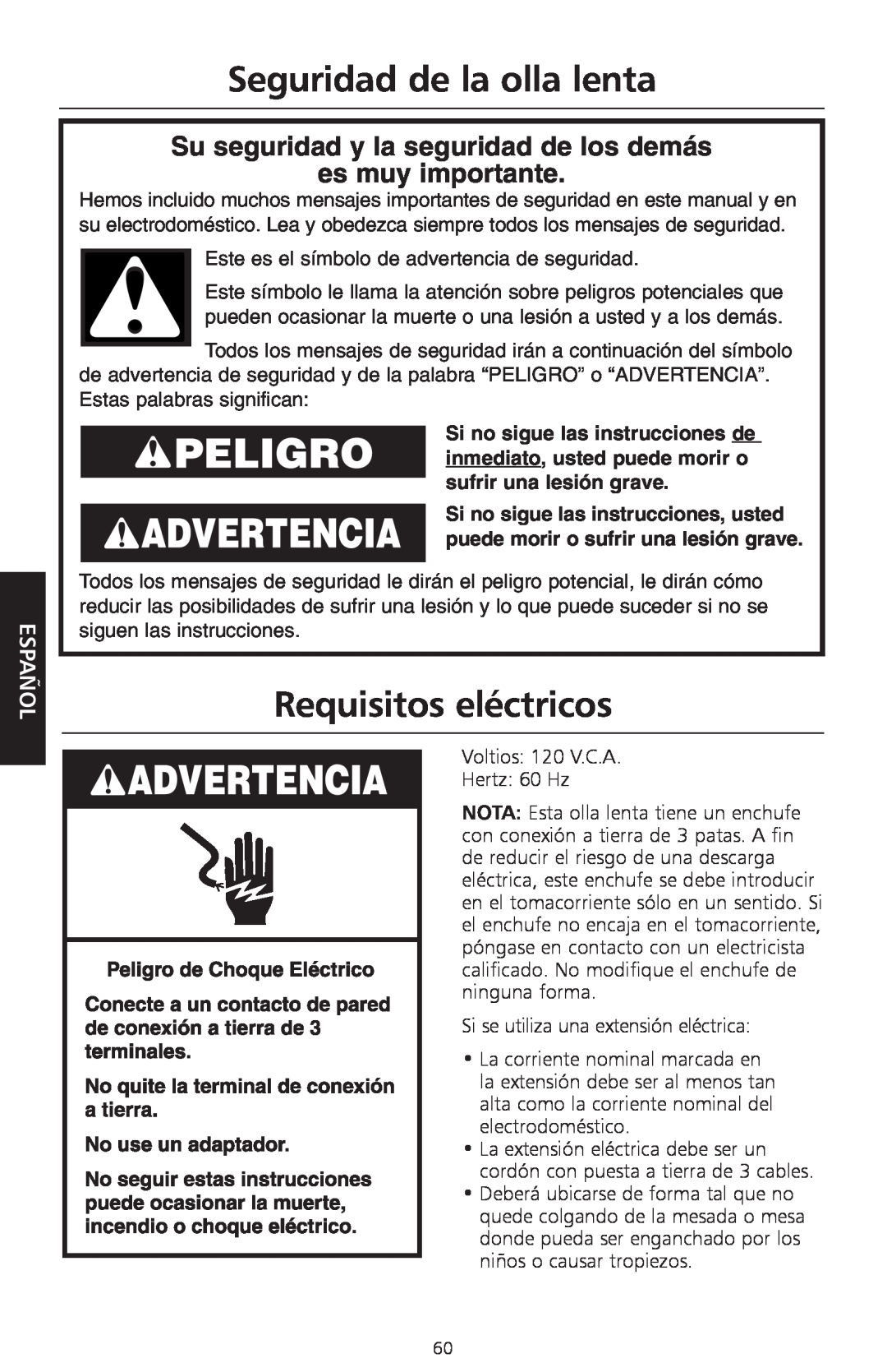 KitchenAid KSC700 Seguridad de la olla lenta, Requisitos eléctricos, Su seguridad y la seguridad de los demás, Español 