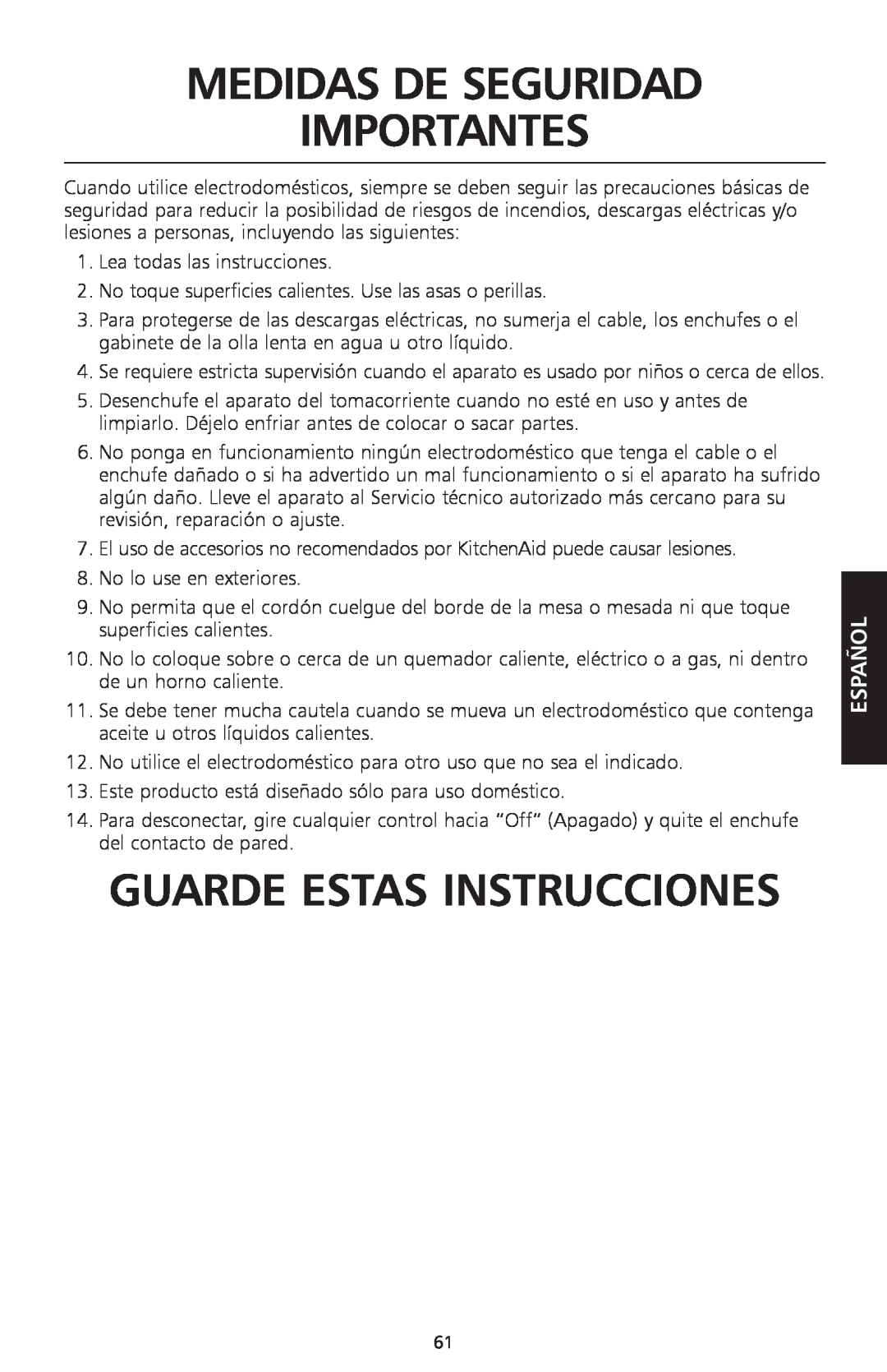 KitchenAid KSC700 manual Medidas De Seguridad Importantes, Guarde Estas Instrucciones, Español 