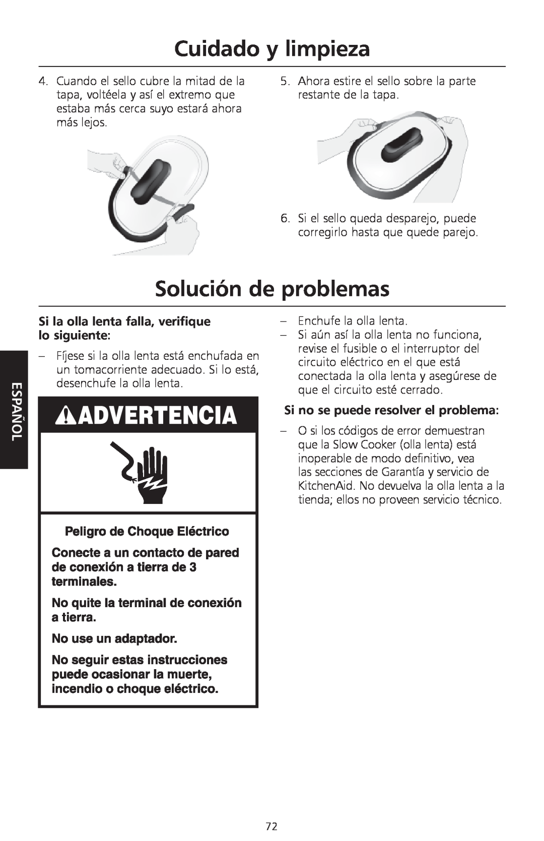 KitchenAid KSC700 manual Solución de problemas, Cuidado y limpieza, Español, Si la olla lenta falla, verifique lo siguiente 