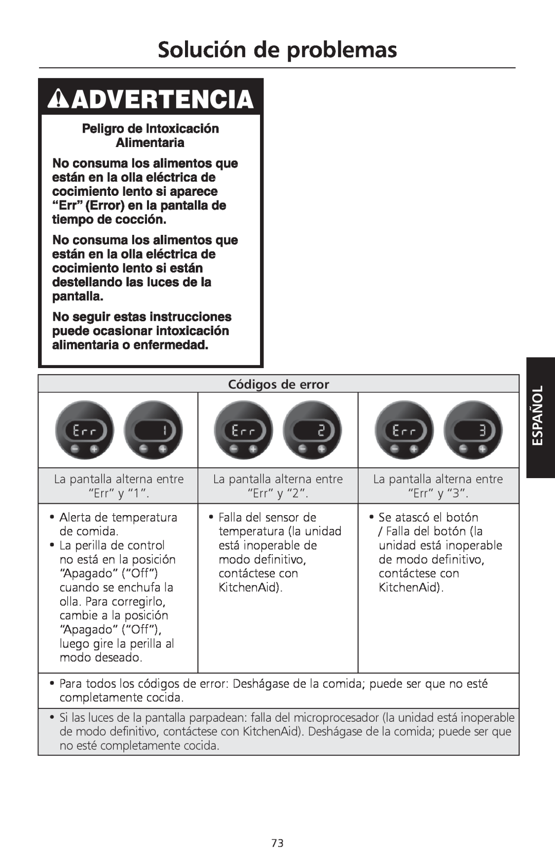 KitchenAid KSC700 manual Solución de problemas, Español, Códigos de error 