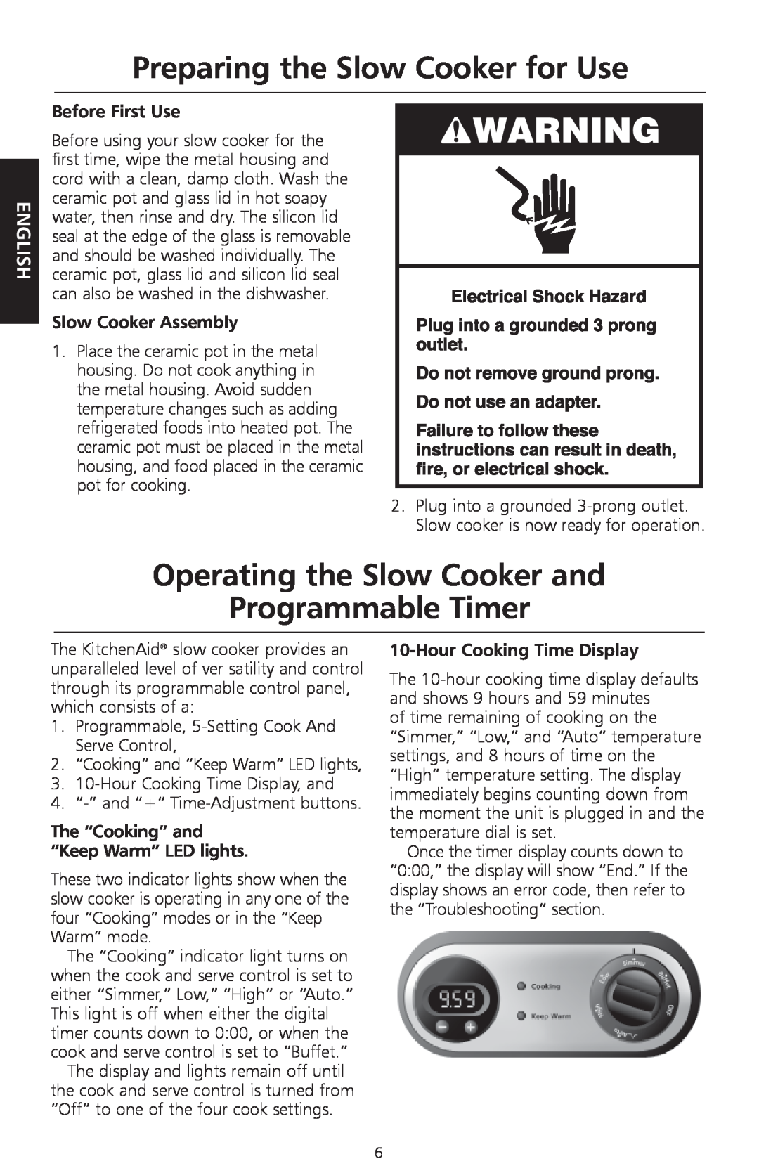KitchenAid KSC700 manual Preparing the Slow Cooker for Use, Operating the Slow Cooker and Programmable Timer, English 