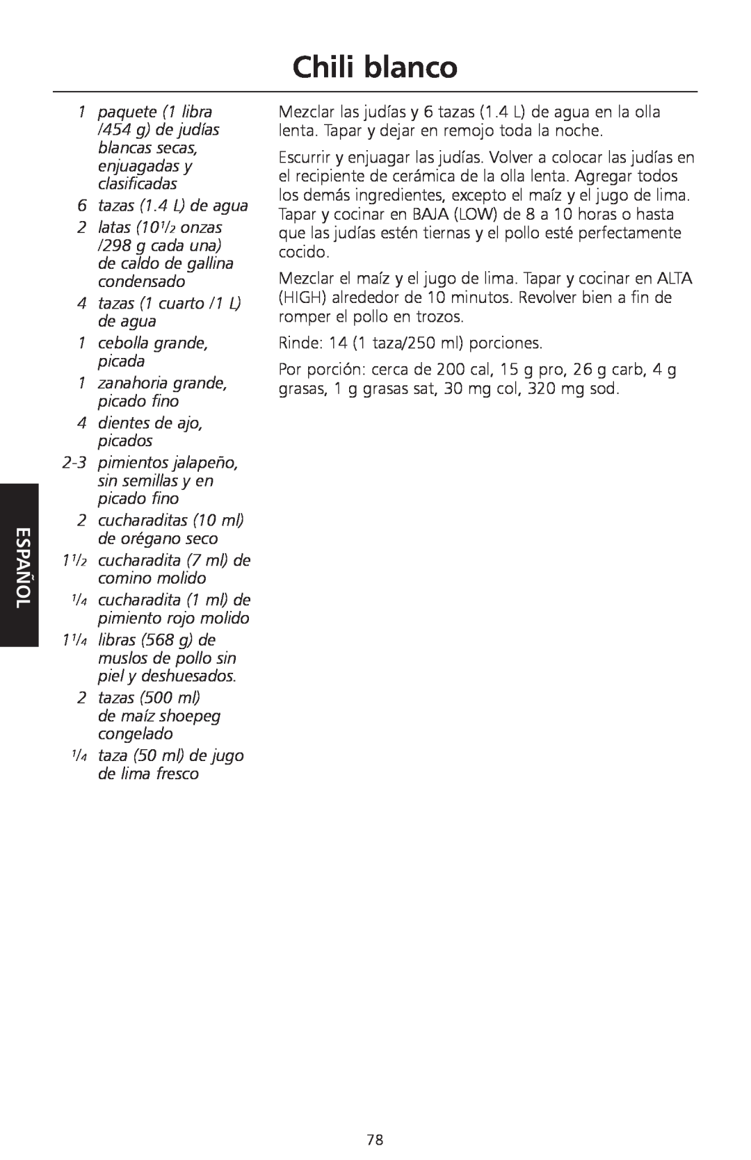 KitchenAid KSC700 manual Chili blanco, tazas 1.4 L de agua, 4tazas 1 cuarto /1 L de agua, 1cebolla grande, picada, Español 