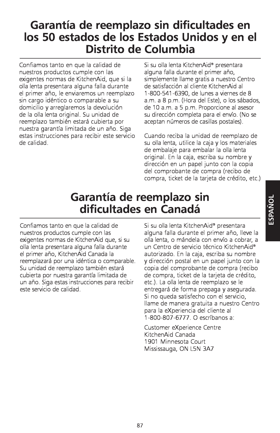 KitchenAid KSC700 manual Garantía de reemplazo sin dificultades en Canadá, Español, O escríbanos a 