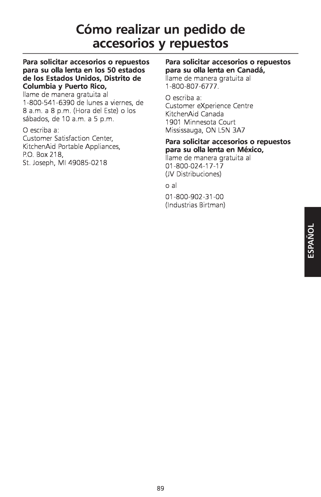 KitchenAid KSC700 manual Cómo realizar un pedido de accesorios y repuestos, Español, Para solicitar accesorios o repuestos 