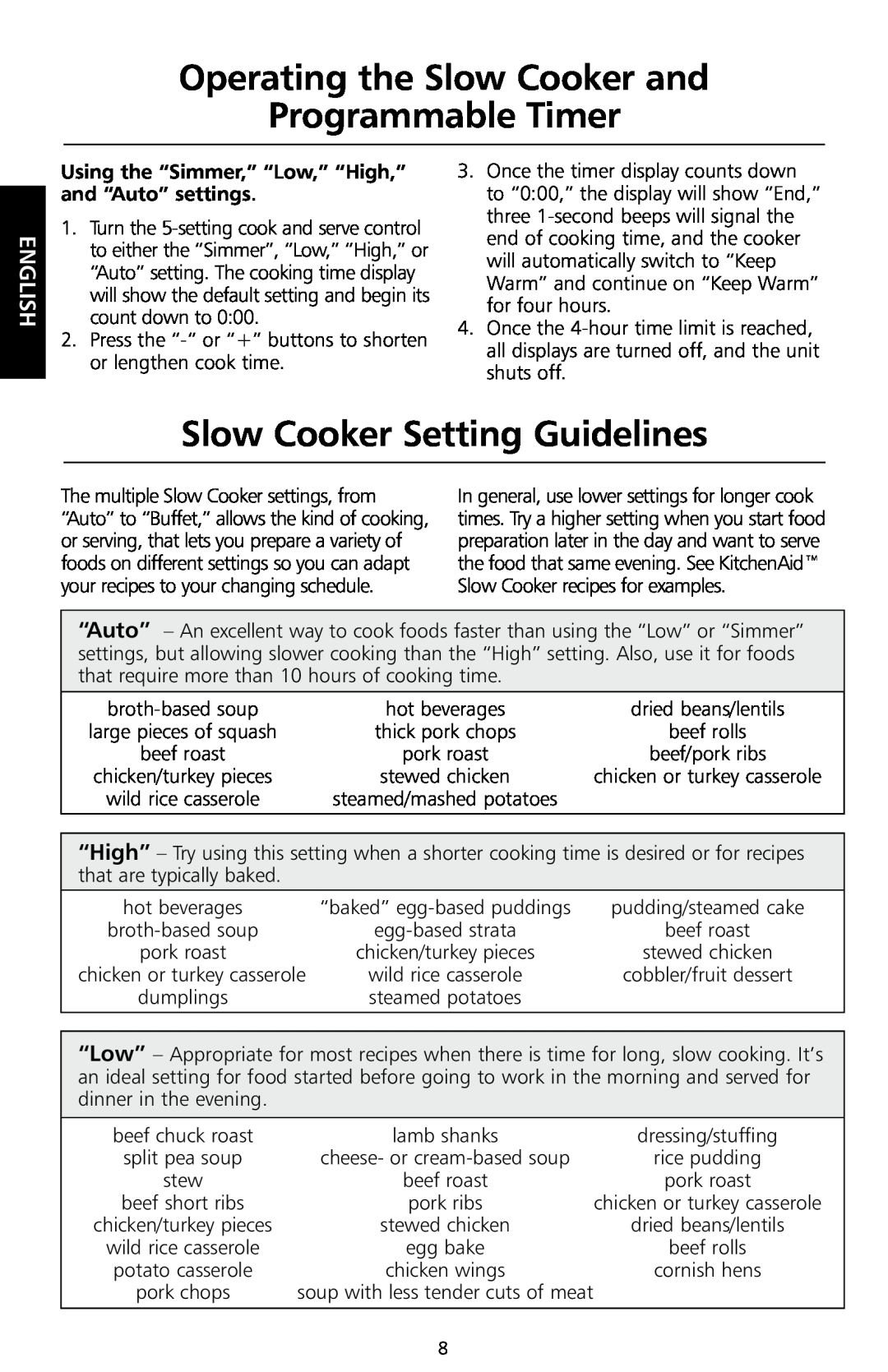 KitchenAid KSC700 manual Slow Cooker Setting Guidelines, Using the “Simmer,” “Low,” “High,” and “Auto” settings, English 