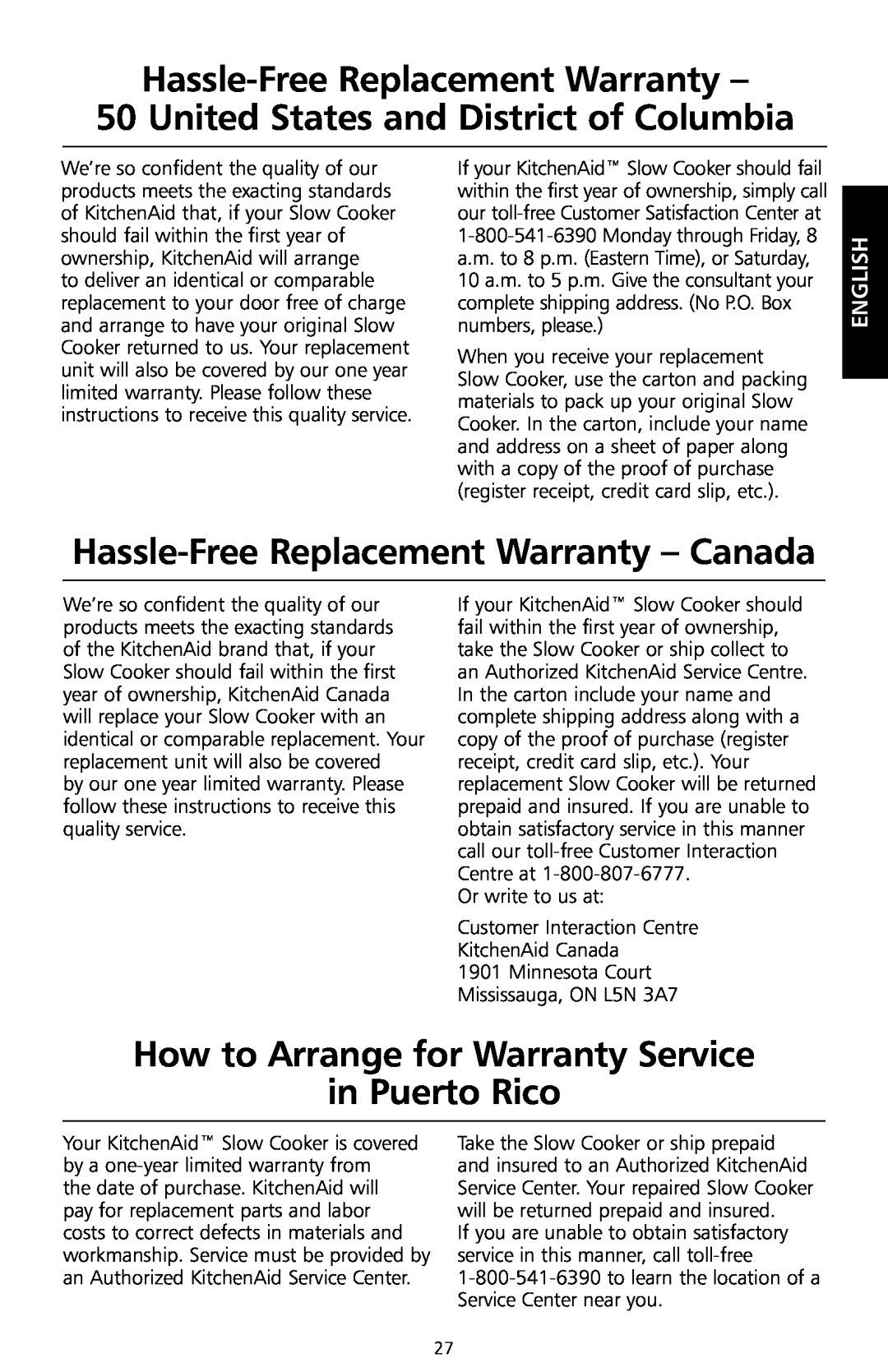 KitchenAid KSC700 manual Hassle-Free Replacement Warranty, United States and District of Columbia, English 
