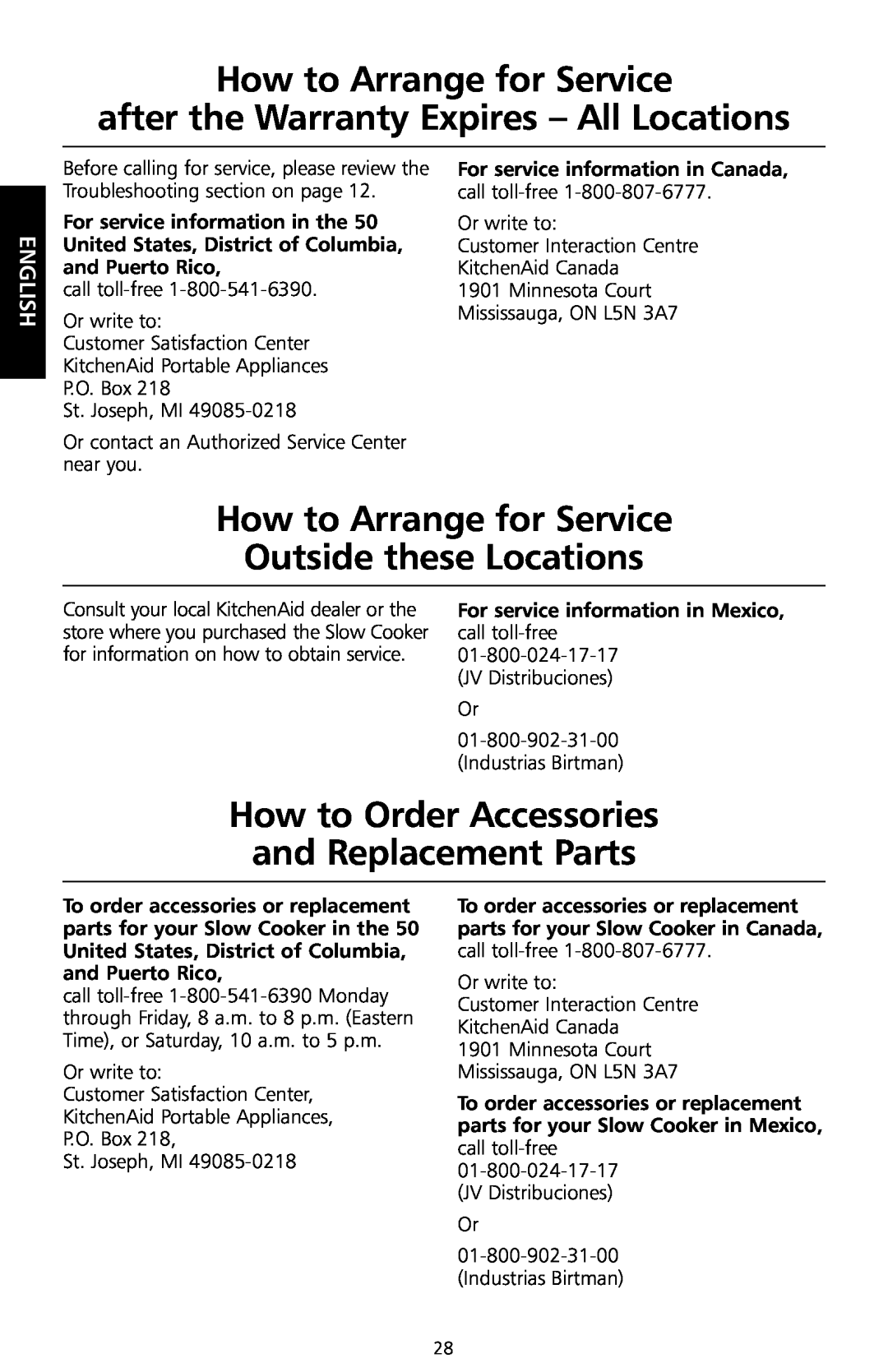 KitchenAid KSC700 manual How to Arrange for Service after the Warranty Expires - All Locations, English 