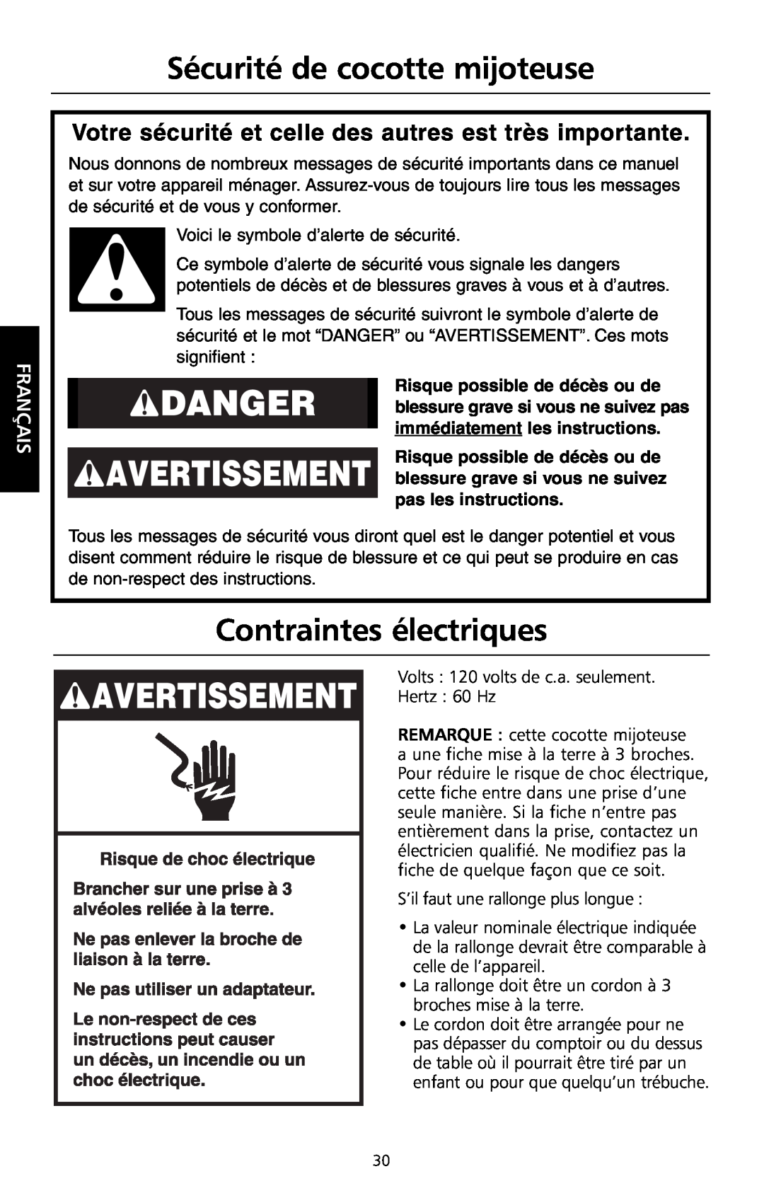 KitchenAid KSC700 manual Sécurité de cocotte mijoteuse, Contraintes électriques, Français 