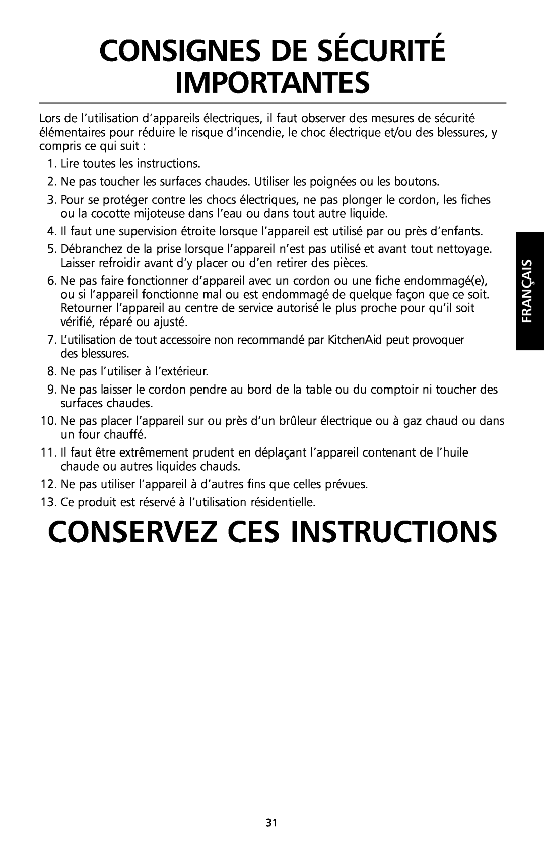 KitchenAid KSC700 manual Consignes De Sécurité Importantes, Conservez Ces Instructions, Français 