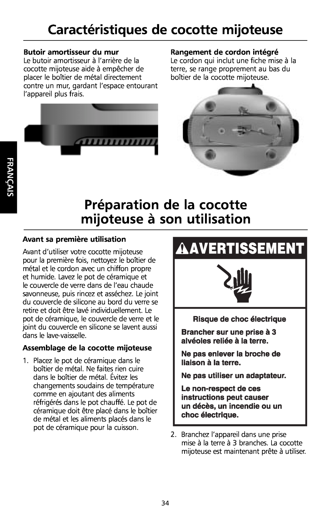 KitchenAid KSC700 manual Préparation de la cocotte mijoteuse à son utilisation, Butoir amortisseur du mur, Français 