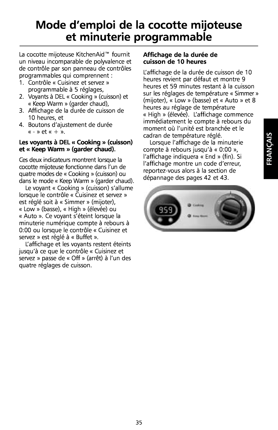 KitchenAid KSC700 manual Mode d’emploi de la cocotte mijoteuse et minuterie programmable, Français 