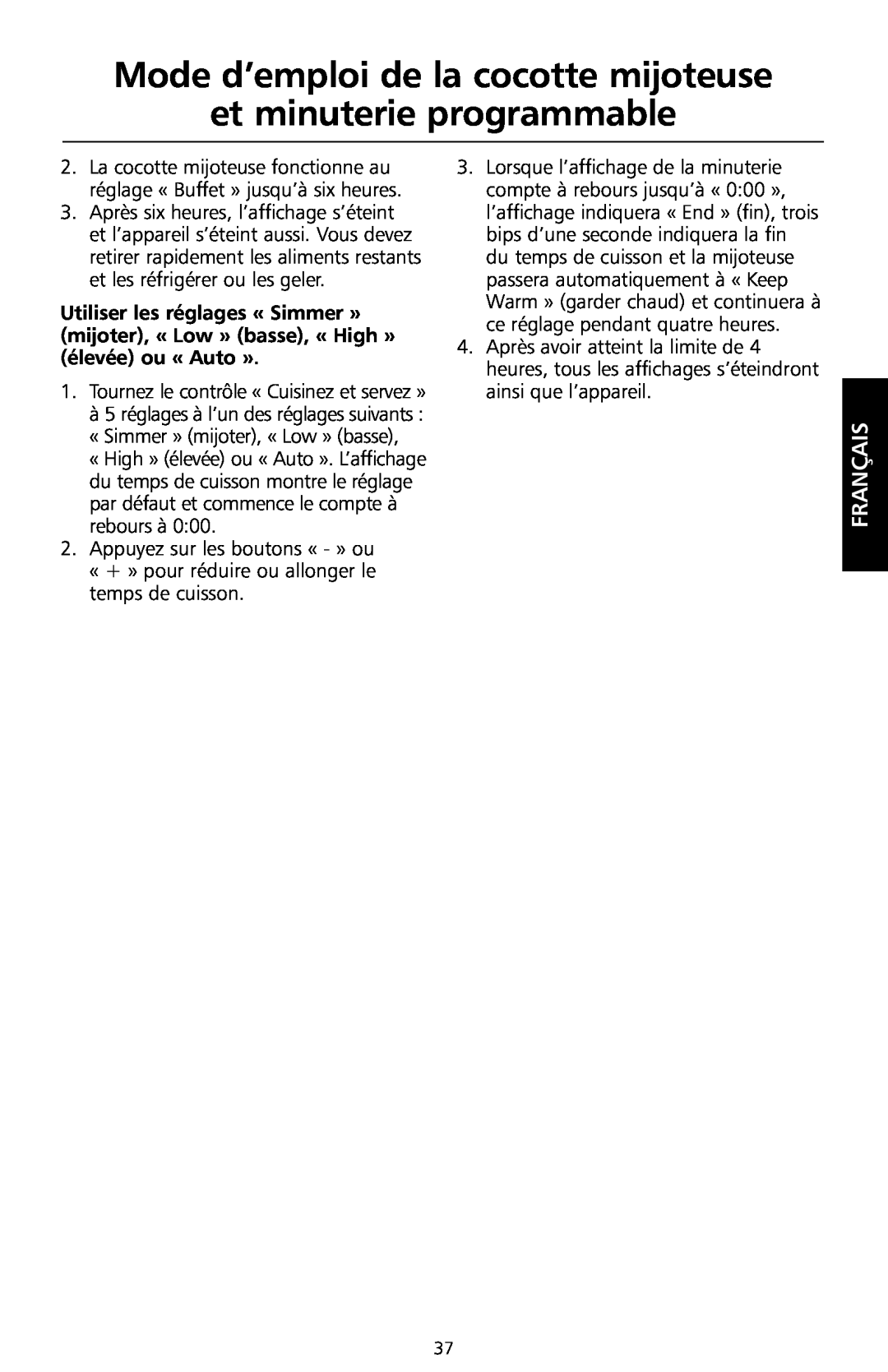 KitchenAid KSC700 manual Mode d’emploi de la cocotte mijoteuse et minuterie programmable, Français 