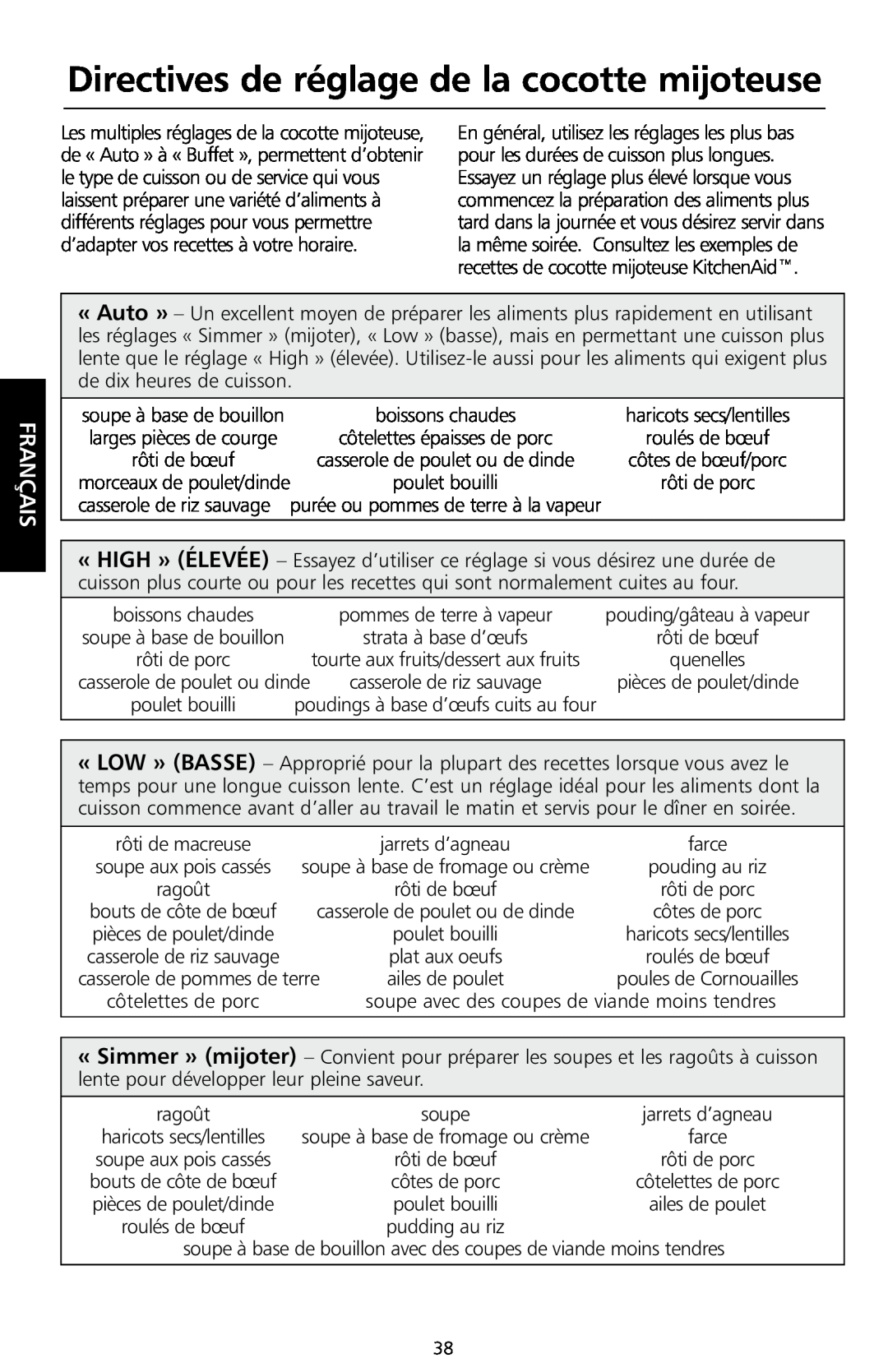 KitchenAid KSC700 manual Directives de réglage de la cocotte mijoteuse, Français 