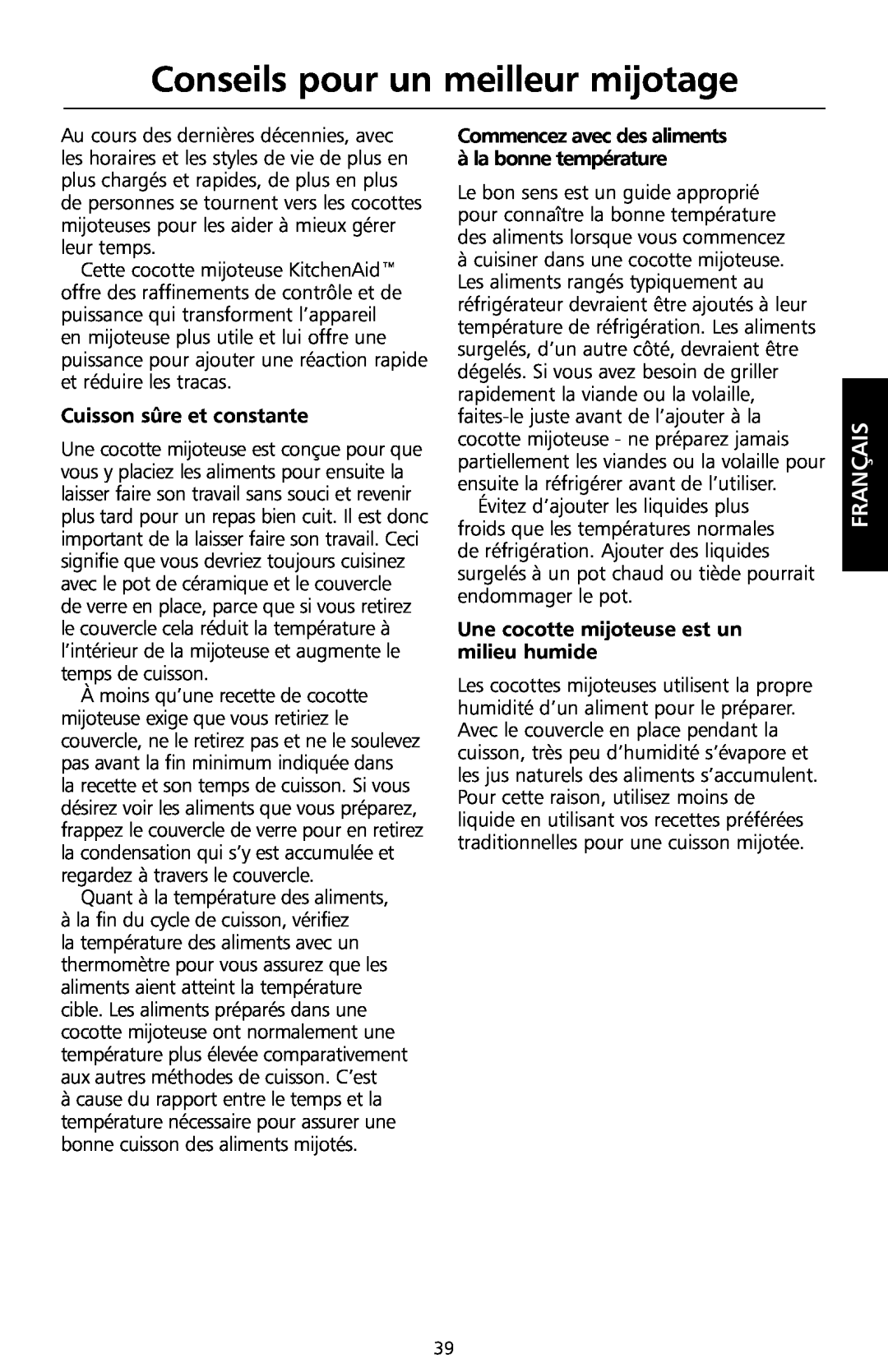 KitchenAid KSC700 manual Conseils pour un meilleur mijotage, Cuisson sûre et constante, Français 