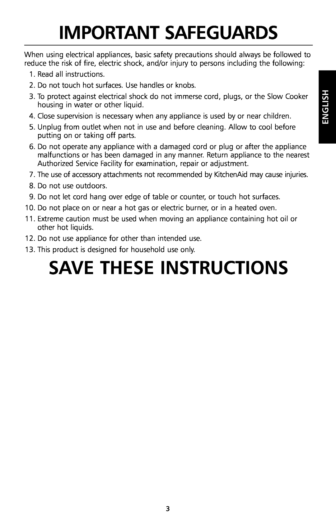 KitchenAid KSC700 manual Important Safeguards, Save These Instructions, English 