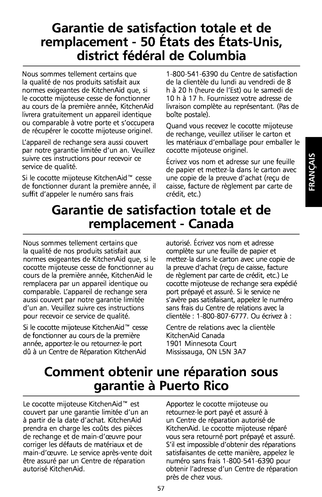 KitchenAid KSC700 manual Garantie de satisfaction totale et de remplacement - Canada, Français 