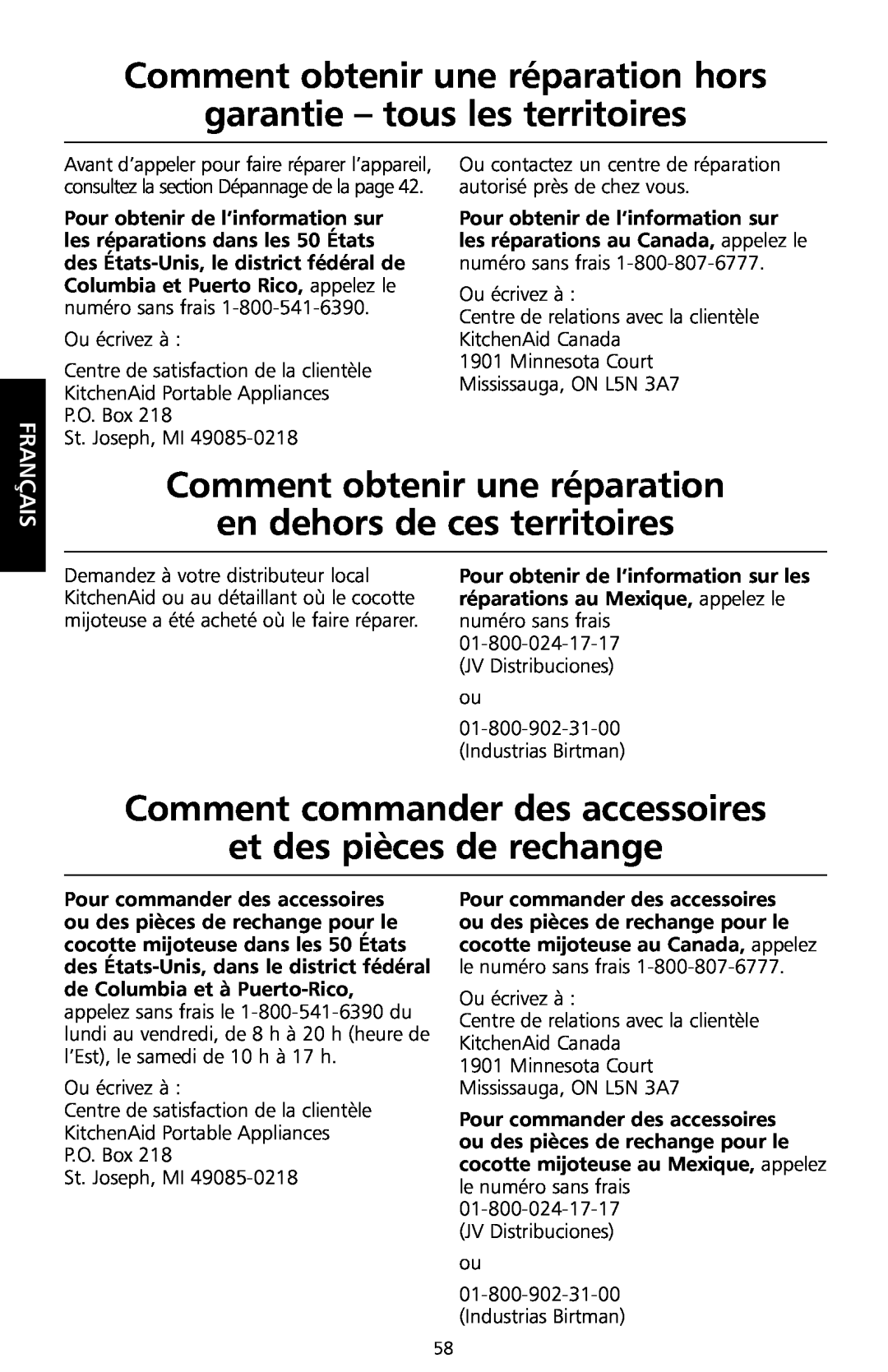 KitchenAid KSC700 manual Comment obtenir une réparation hors garantie - tous les territoires, Français 