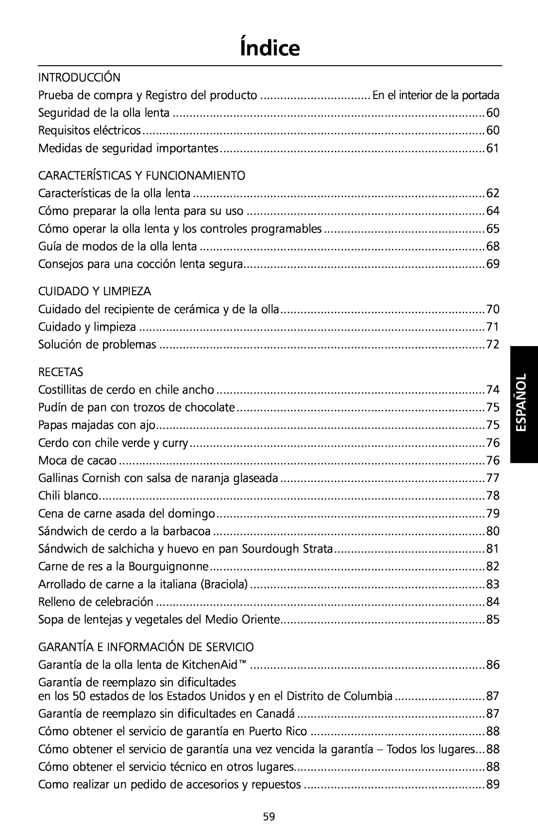 KitchenAid KSC700 manual Índice, Español 