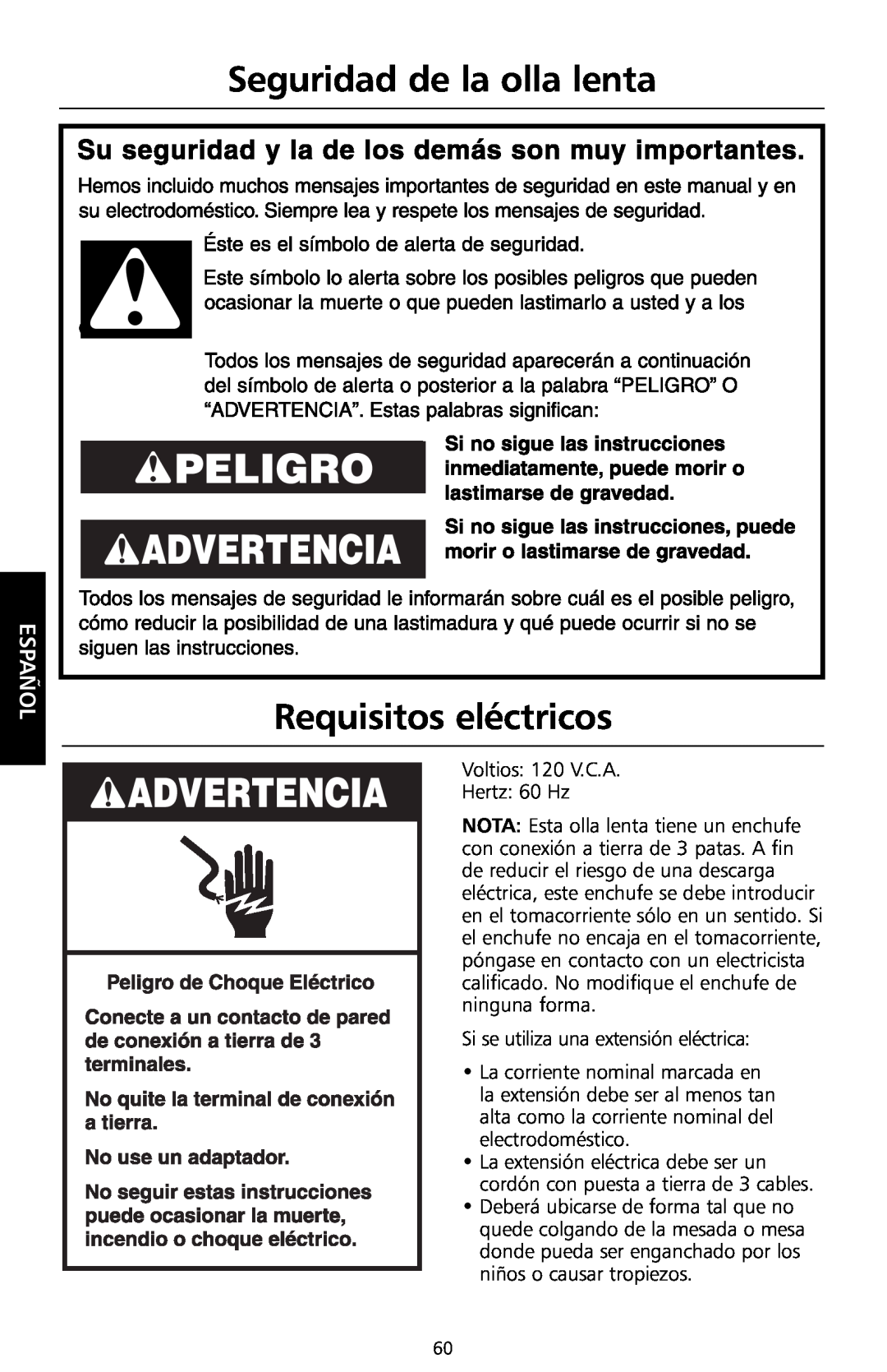 KitchenAid KSC700 manual Seguridad de la olla lenta, Requisitos eléctricos, Español 