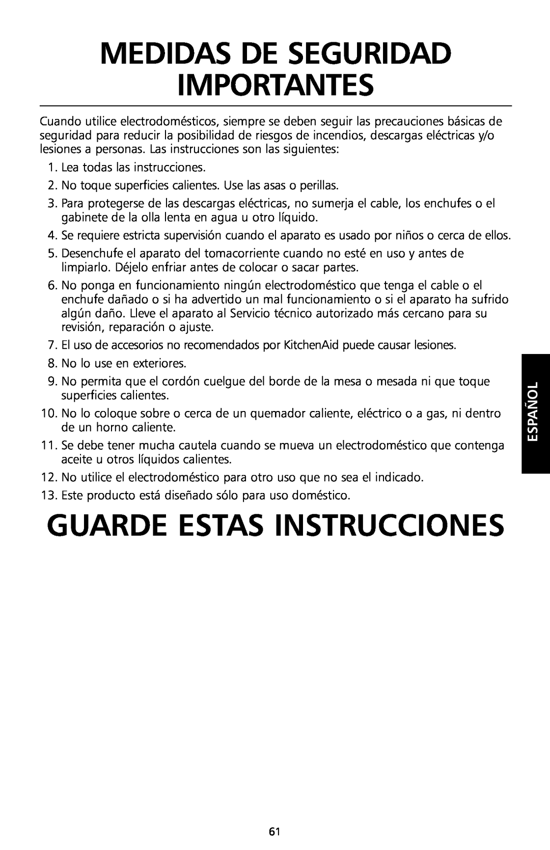 KitchenAid KSC700 manual Medidas De Seguridad Importantes, Guarde Estas Instrucciones, Español 