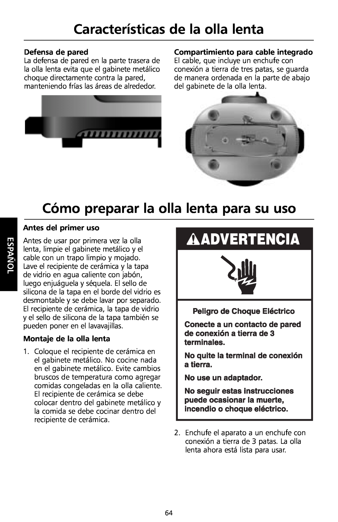KitchenAid KSC700 Cómo preparar la olla lenta para su uso, Defensa de pared, Compartimiento para cable integrado, Español 