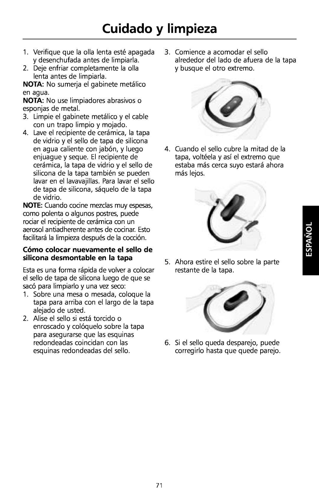 KitchenAid KSC700 manual Cuidado y limpieza, Cómo colocar nuevamente el sello de silicona desmontable en la tapa, Español 