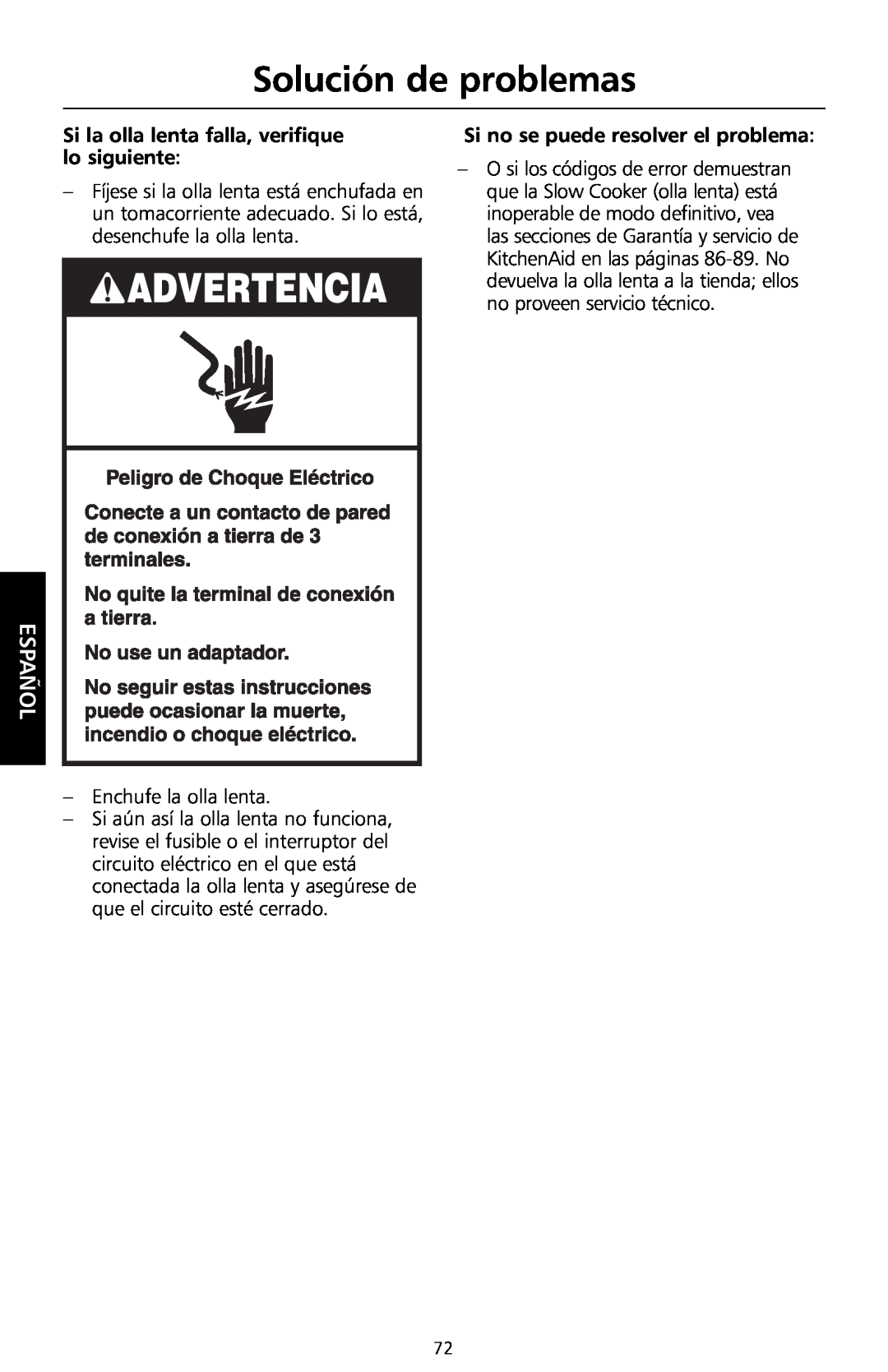 KitchenAid KSC700 manual Solución de problemas, Si la olla lenta falla, verifique lo siguiente, Español 