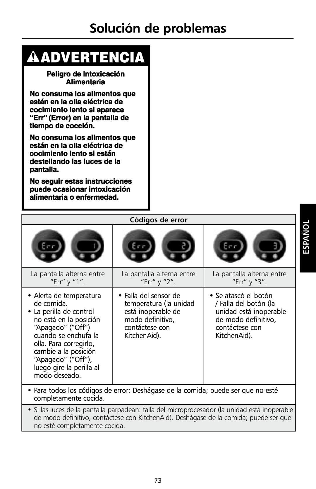 KitchenAid KSC700 manual Códigos de error, Solución de problemas, Español 